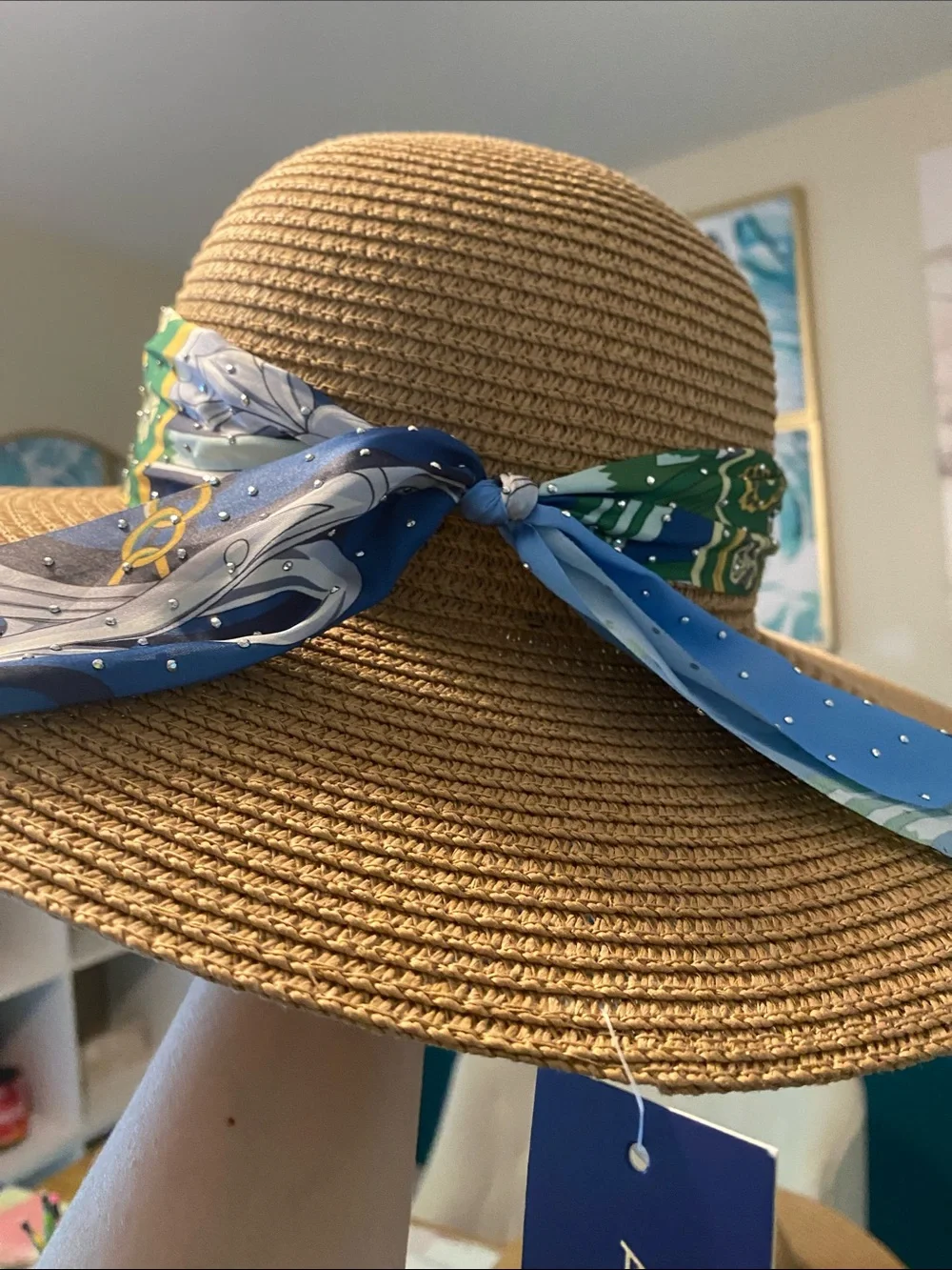 Adrienne Vittadini Tan Straw Sun Hat with Blue & Green Scarf